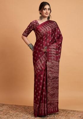 Magenta Printed Pure Crepe Saree Set