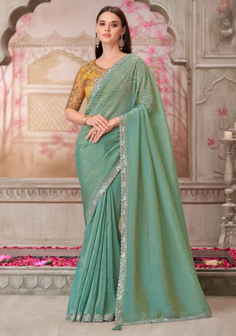 Sea Green Printed Satin Silk Blend Saree Set - Indya