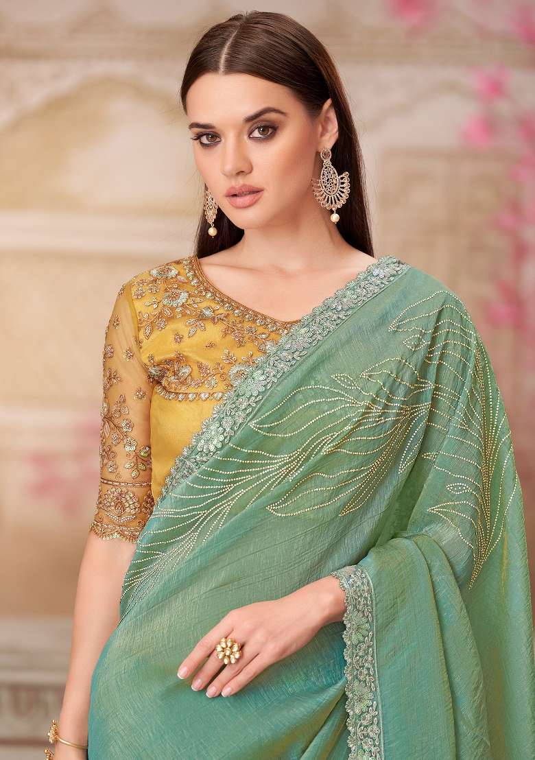 Sea Green Printed Satin Silk Blend Saree Set - Indya