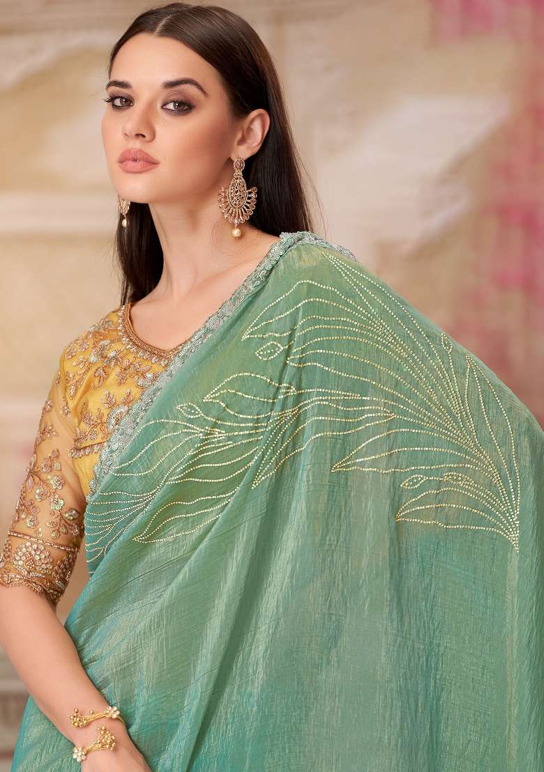 Sea Green Printed Satin Silk Blend Saree Set - Indya