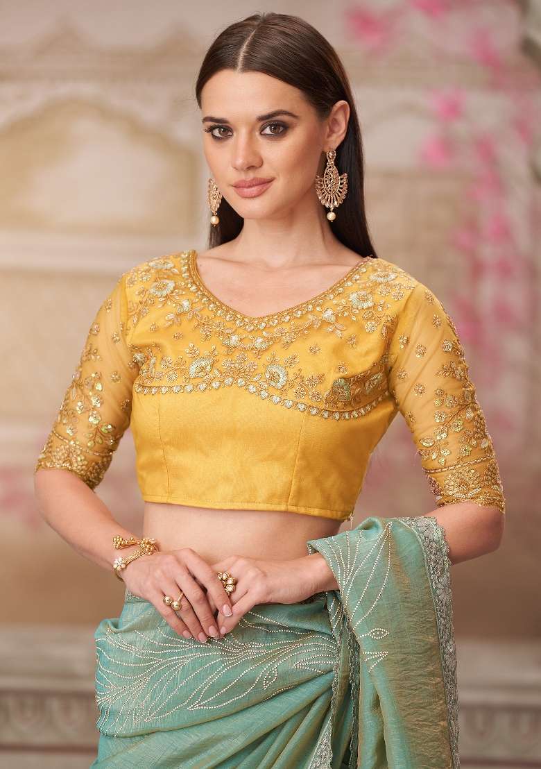 Sea Green Printed Satin Silk Blend Saree Set - Indya