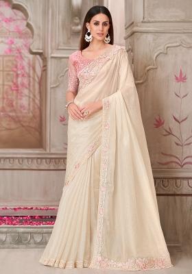Off White Printed Satin Silk Saree Set