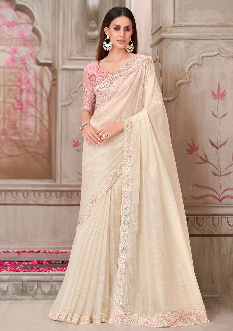 Off White Printed Satin Silk Saree Set - Indya