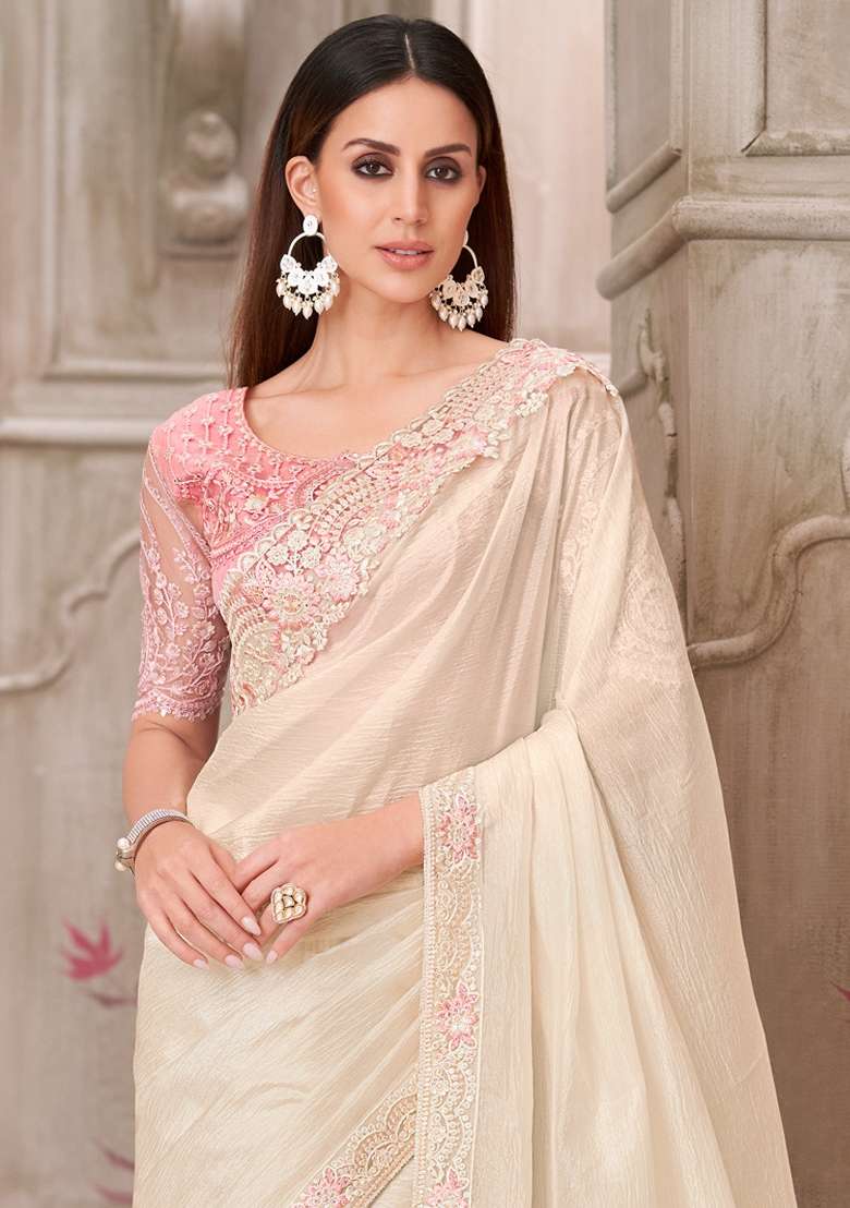 Off White Printed Satin Silk Saree Set - Indya
