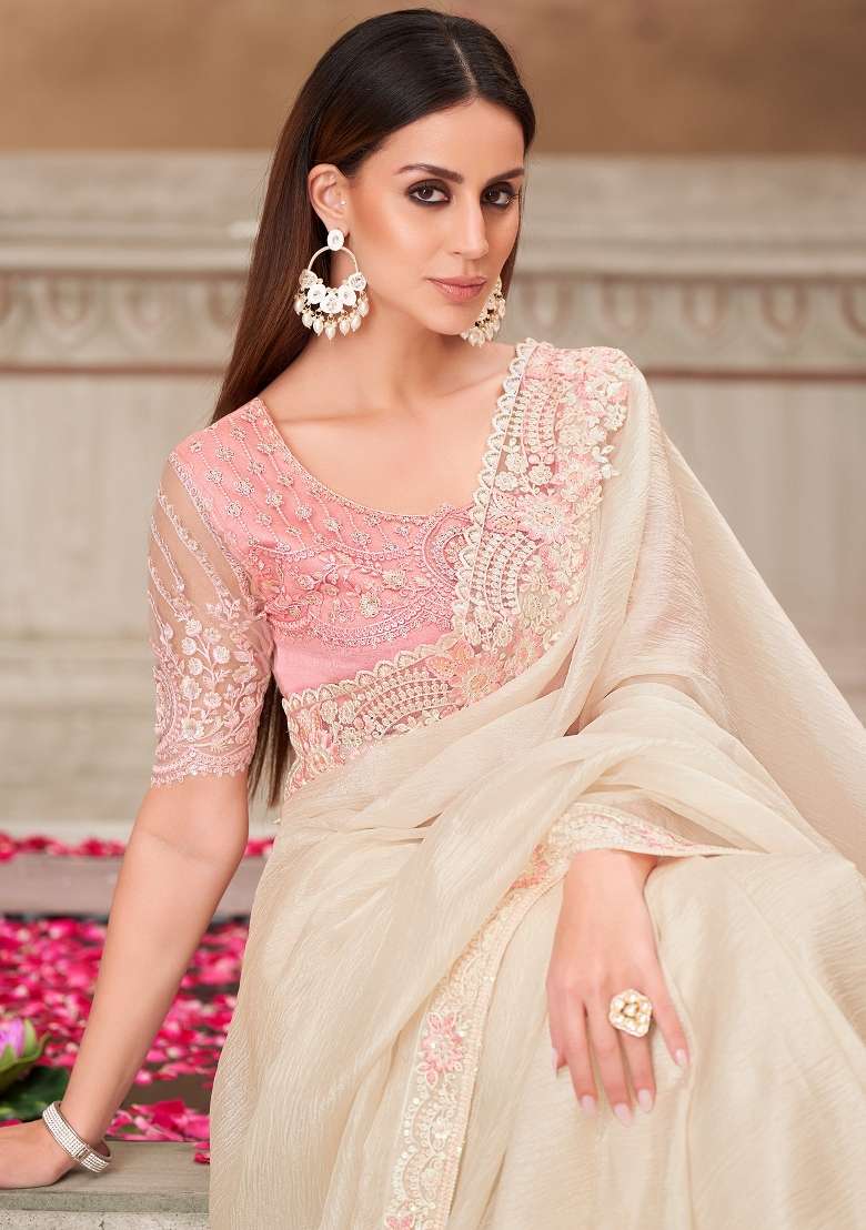 Off White Printed Satin Silk Saree Set - Indya
