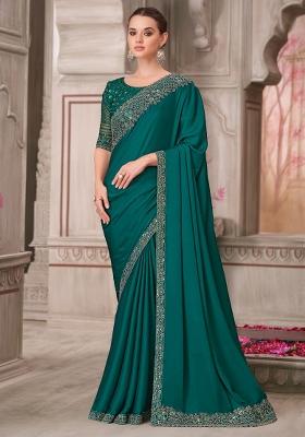 Teal Green Printed Satin Silk Saree Set