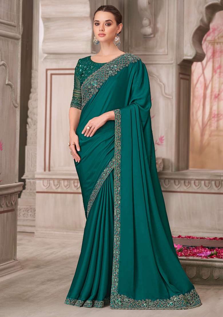 Teal Green Printed Satin Silk Blend Saree Set for Diwali and Festive Wear - Indya