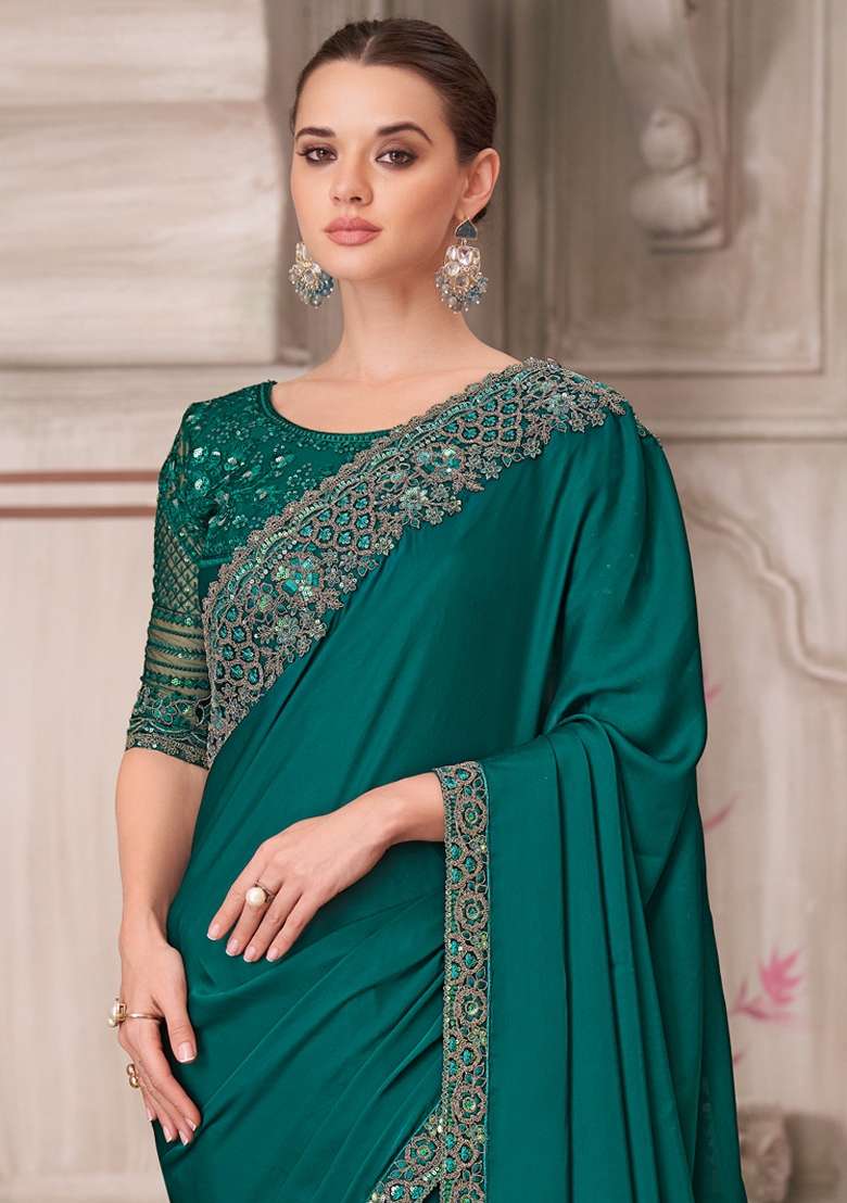 Teal Green Printed Satin Silk Blend Saree Set for Diwali and Festive Wear - Indya