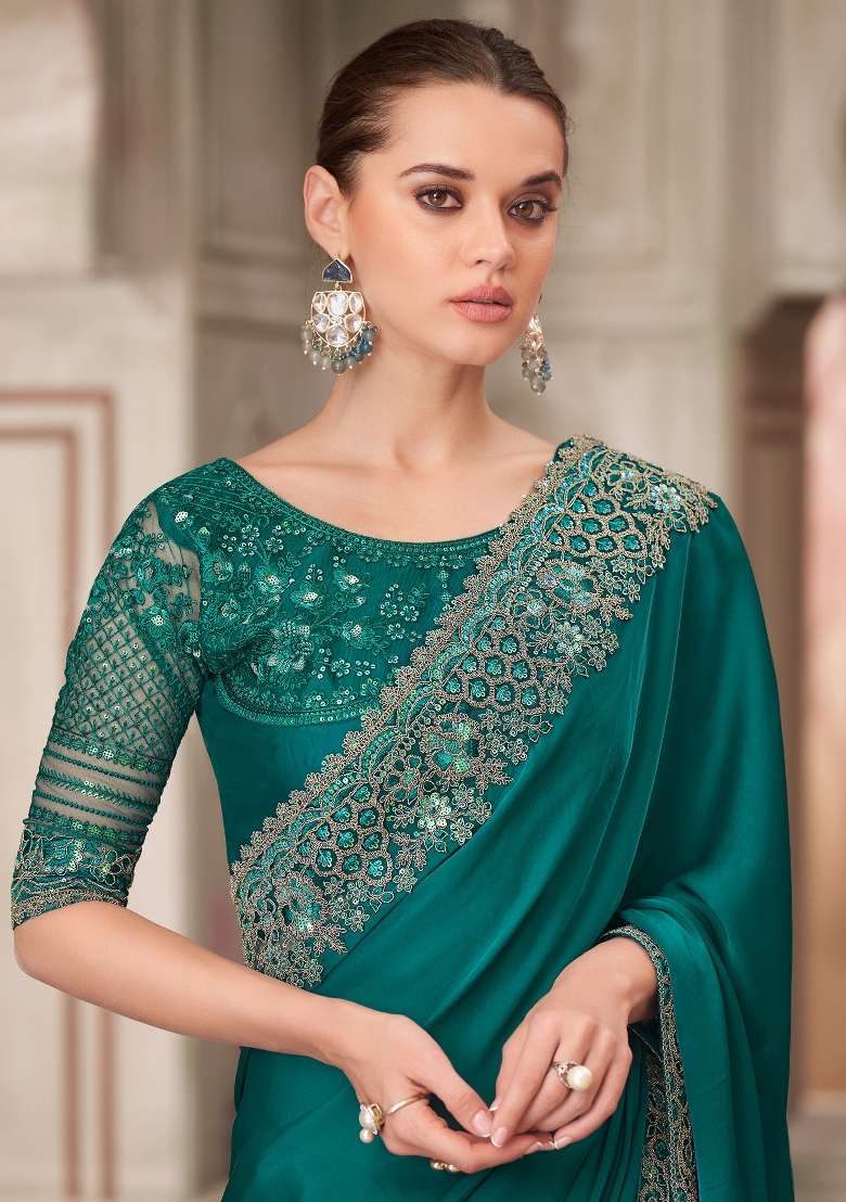 Teal Green Printed Satin Silk Blend Saree Set for Diwali and Festive Wear - Indya