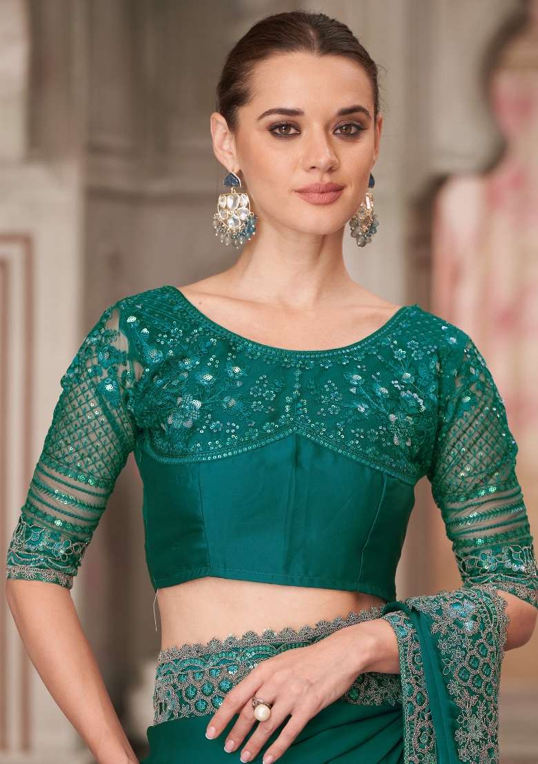 Teal Green Printed Satin Silk Blend Saree Set for Diwali and Festive Wear - Indya