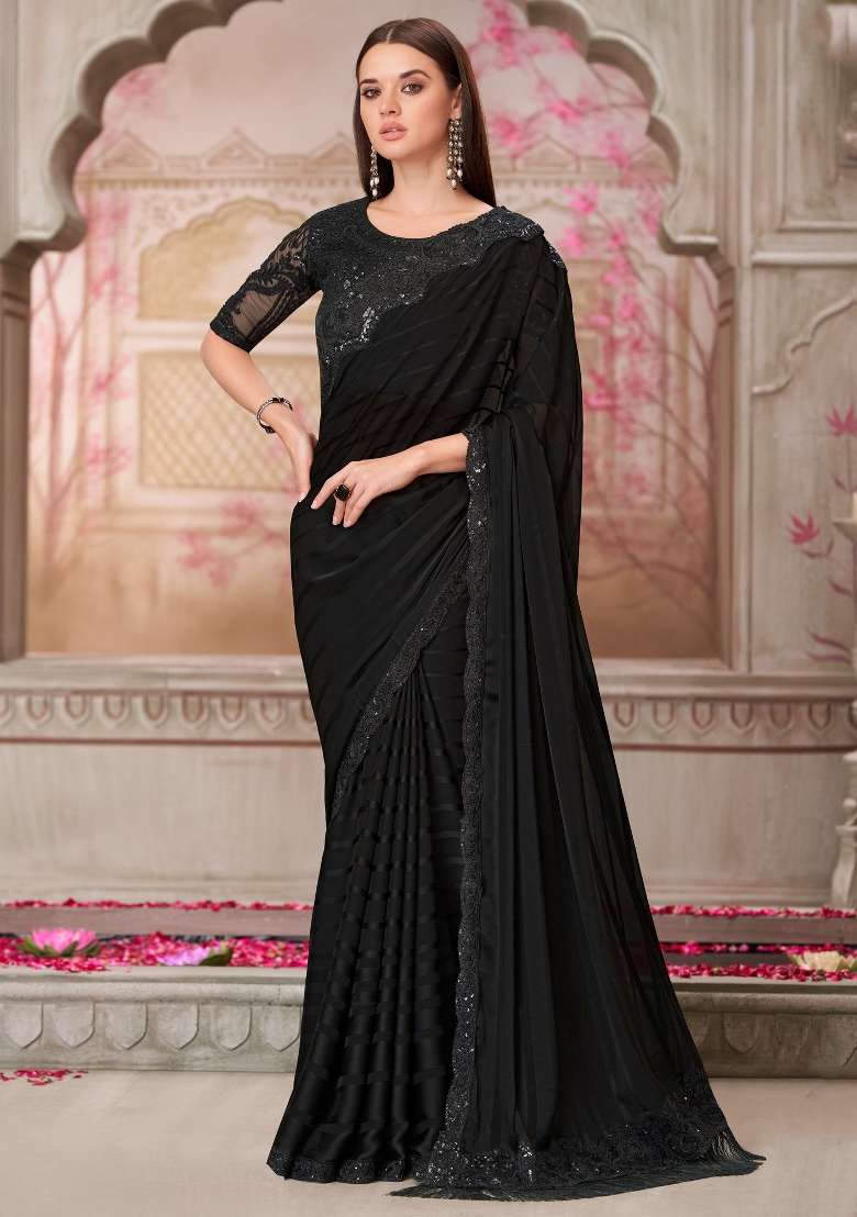 Black Printed Pure Georgette Saree Set - Indya