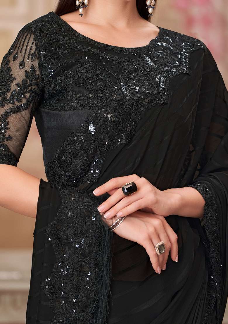 Black Printed Pure Georgette Saree Set - Indya