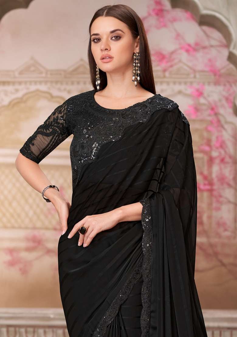 Black Printed Pure Georgette Saree Set - Indya