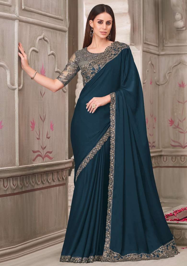 Teal Blue Printed Satin Silk Blend Saree Set for Diwali and Festive Wear - Indya