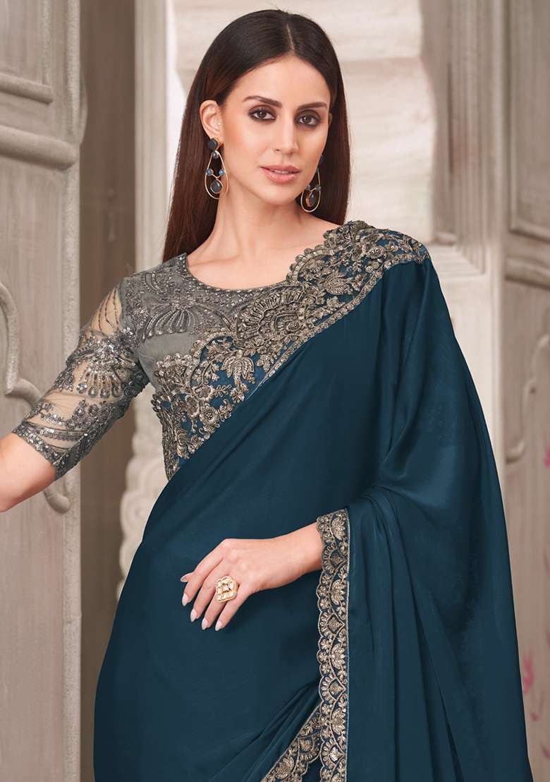 Teal Blue Printed Satin Silk Blend Saree Set for Diwali and Festive Wear - Indya