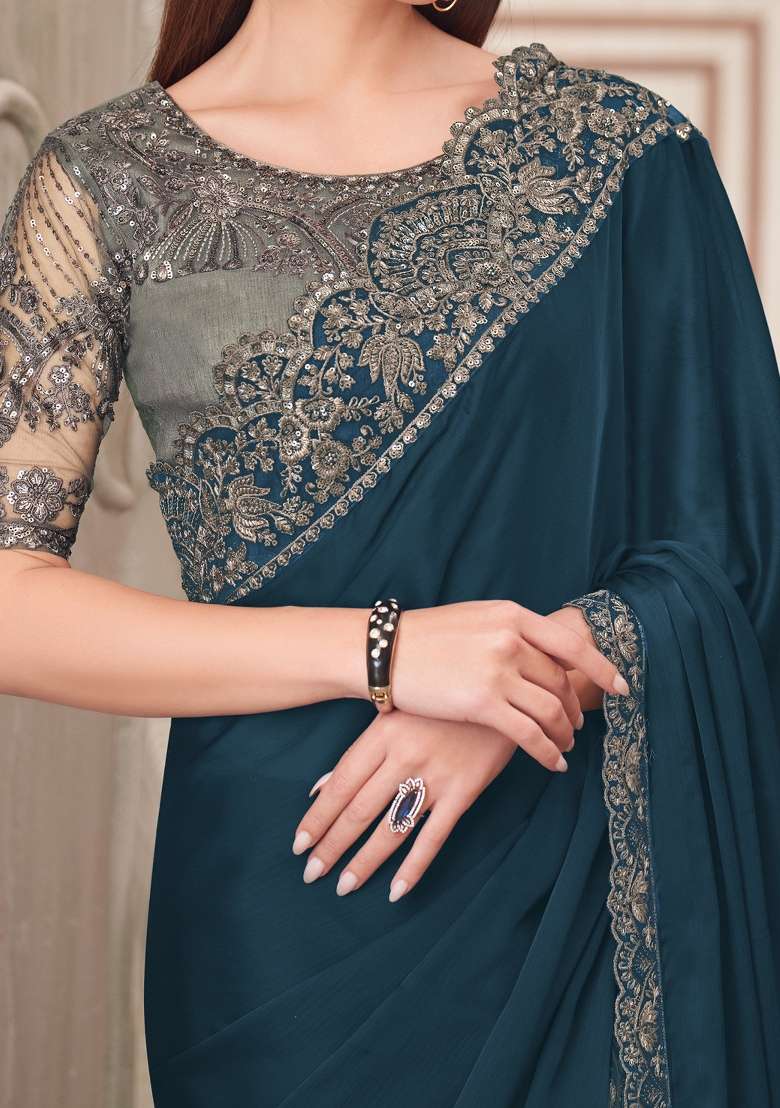 Teal Blue Printed Satin Silk Blend Saree Set for Diwali and Festive Wear - Indya