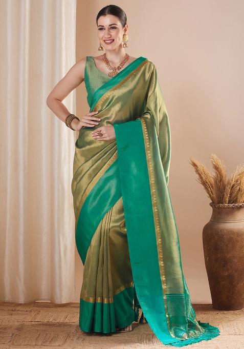 Gold Printed Tissue Saree Set — view on Indya