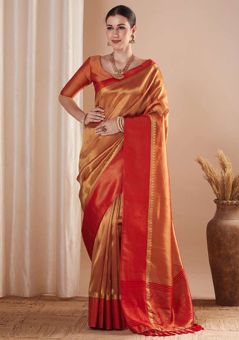 Gold Tissue Saree Set with Printed for Diwali | Wedding & Festive Wear - Indya