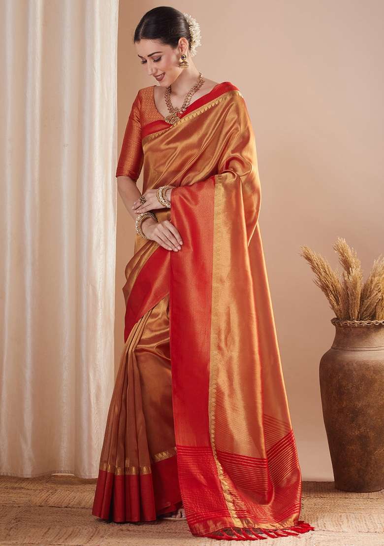 Gold Tissue Saree Set with Printed for Diwali | Wedding & Festive Wear - Indya