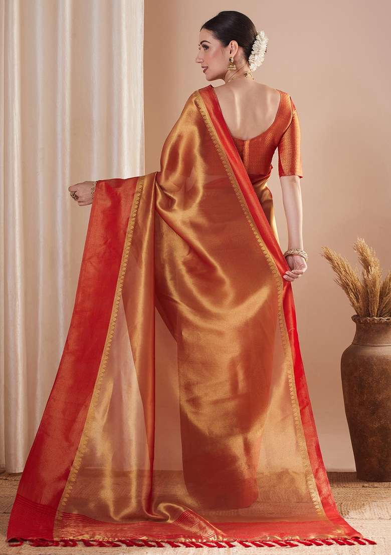 Gold Tissue Saree Set with Printed for Diwali | Wedding & Festive Wear - Indya