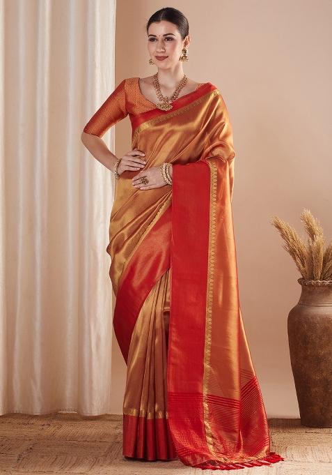 Gold Printed Tissue Saree Set — view on Indya