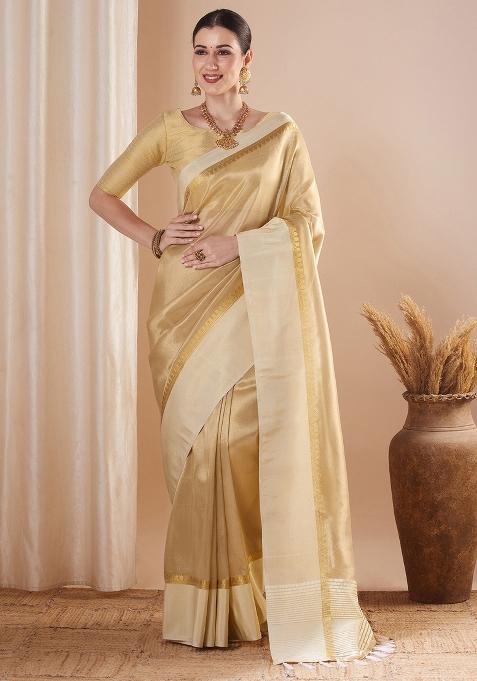 Gold Printed Tissue Saree Set — view on Indya