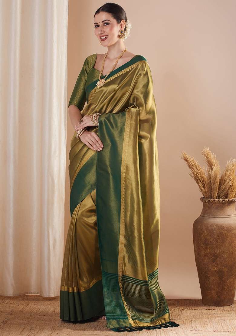 Gold Printed Tissue Saree Set for Diwali and Festive Wear - Indya