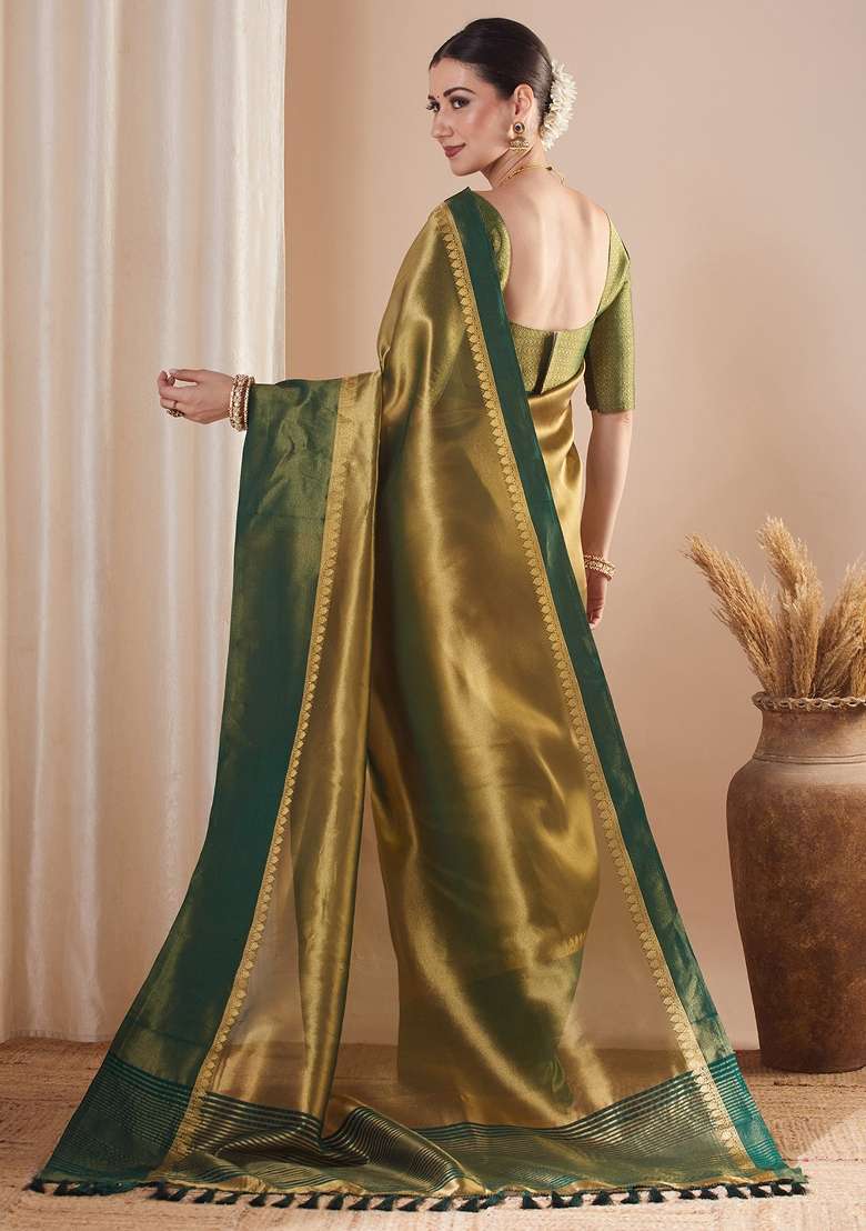 Gold Printed Tissue Saree Set for Diwali and Festive Wear - Indya