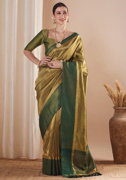 Gold Printed Tissue Saree Set — view on Indya
