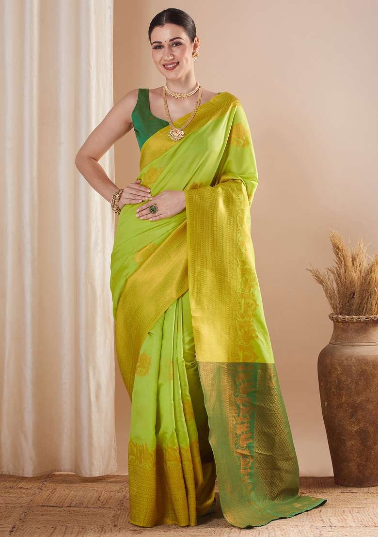 Lime Green Printed Silk Blend Saree Set - Indya
