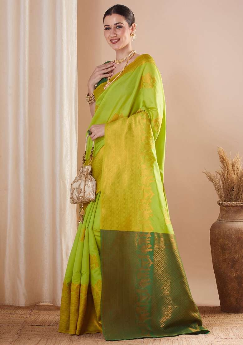 Lime Green Printed Silk Blend Saree Set - Indya