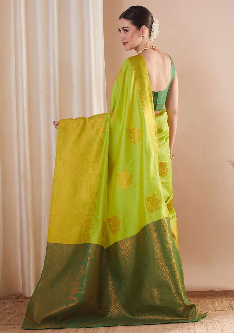 Lime Green Printed Silk Blend Saree Set - Indya