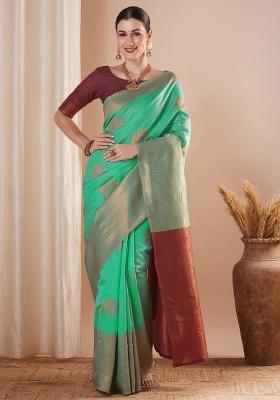 Turquoise Printed Silk Blend Saree Set