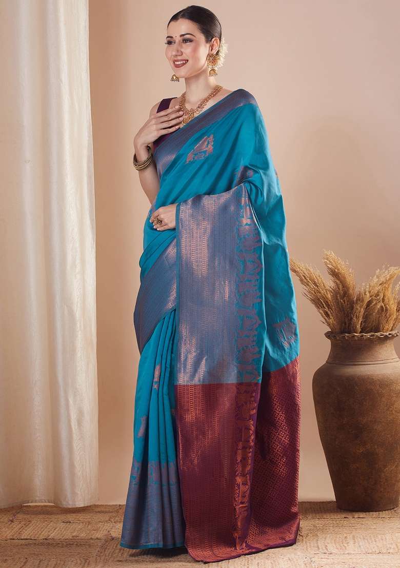 Light Blue Silk Blend Saree Set with Printed for Diwali | Wedding & Festive Wear - Indya