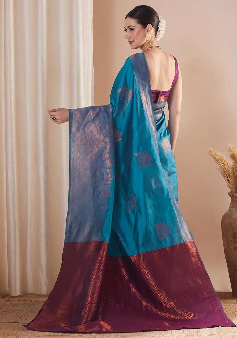 Light Blue Silk Blend Saree Set with Printed for Diwali | Wedding & Festive Wear - Indya
