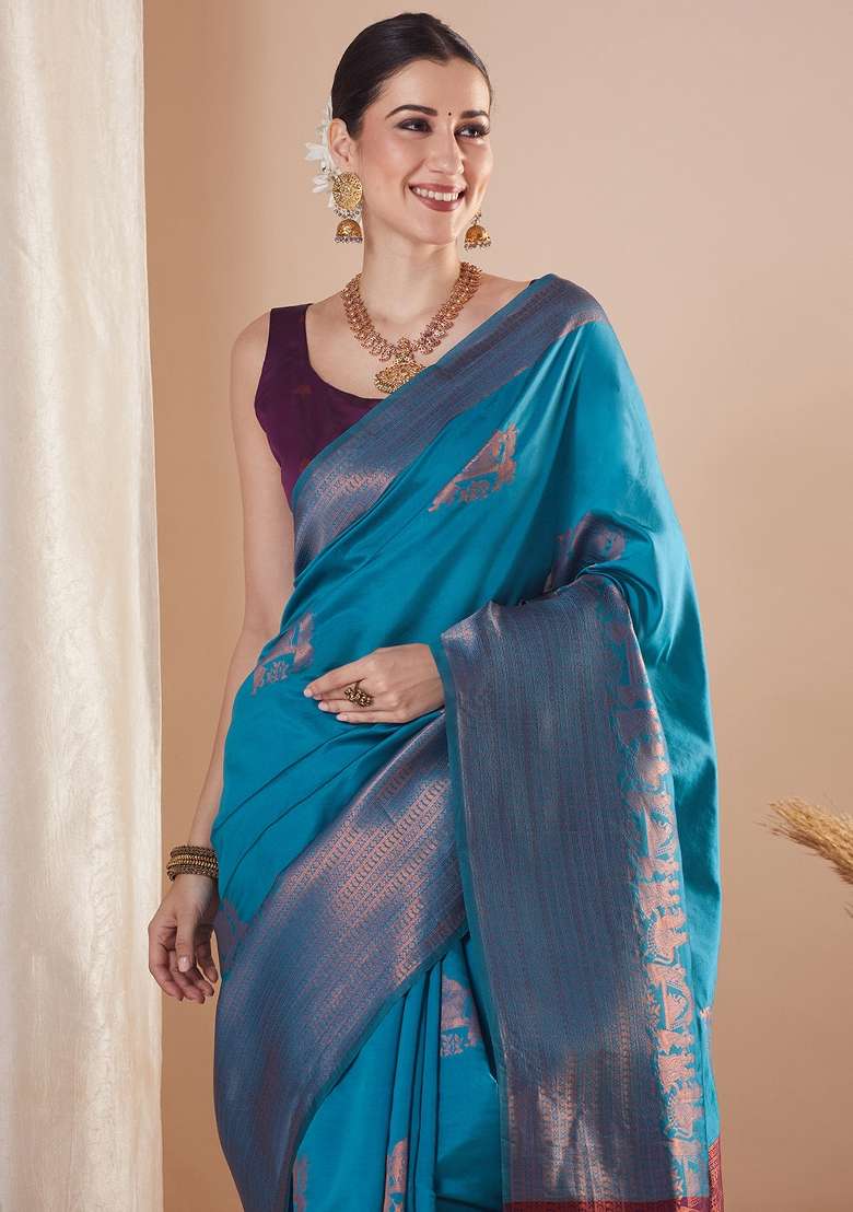 Light Blue Silk Blend Saree Set with Printed for Diwali | Wedding & Festive Wear - Indya