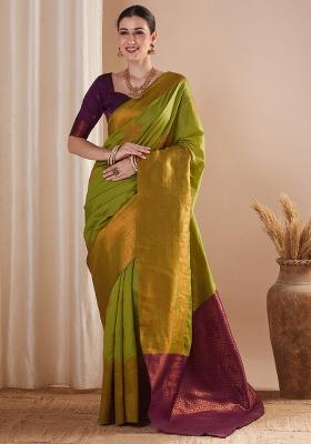 Olive Printed Silk Blend Saree Set