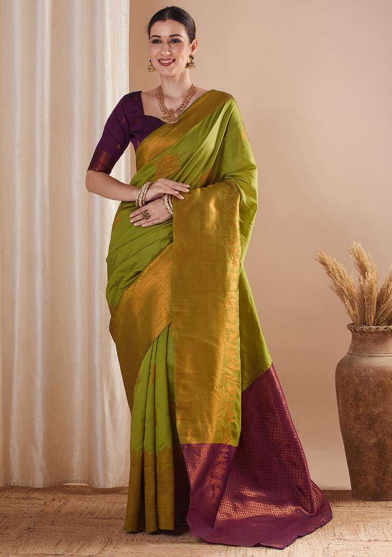 Olive Silk Blend Saree Set with Printed for Diwali | Wedding & Festive Wear - Indya