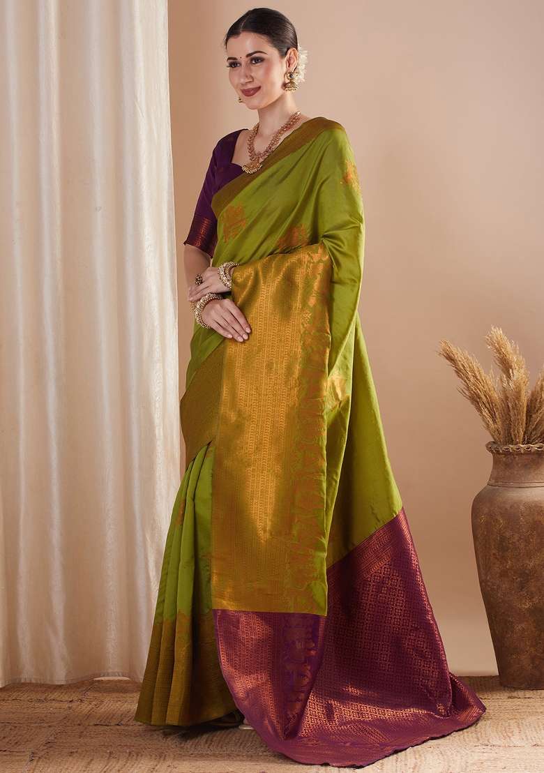 Olive Silk Blend Saree Set with Printed for Diwali | Wedding & Festive Wear - Indya