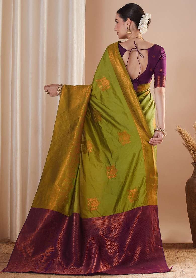 Olive Silk Blend Saree Set with Printed for Diwali | Wedding & Festive Wear - Indya