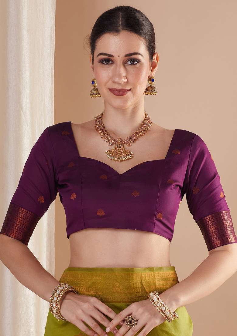 Olive Silk Blend Saree Set with Printed for Diwali | Wedding & Festive Wear - Indya