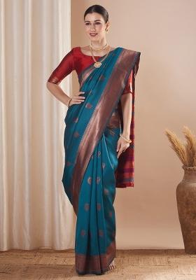 Teal Blue Printed Silk Blend Saree Set