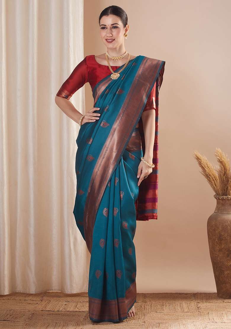 Teal Blue Printed Silk Blend Saree Set for Diwali and Festive Wear - Indya