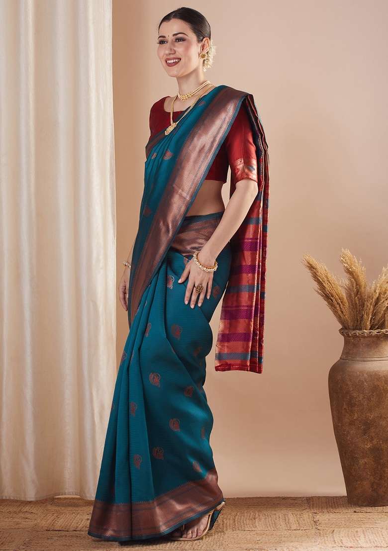 Teal Blue Printed Silk Blend Saree Set for Diwali and Festive Wear - Indya