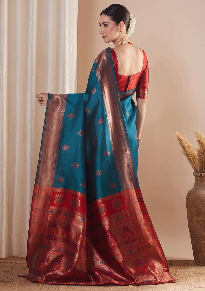 Teal Blue Printed Silk Blend Saree Set for Diwali and Festive Wear - Indya