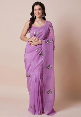 Lavender Printed Pure Georgette Saree Set