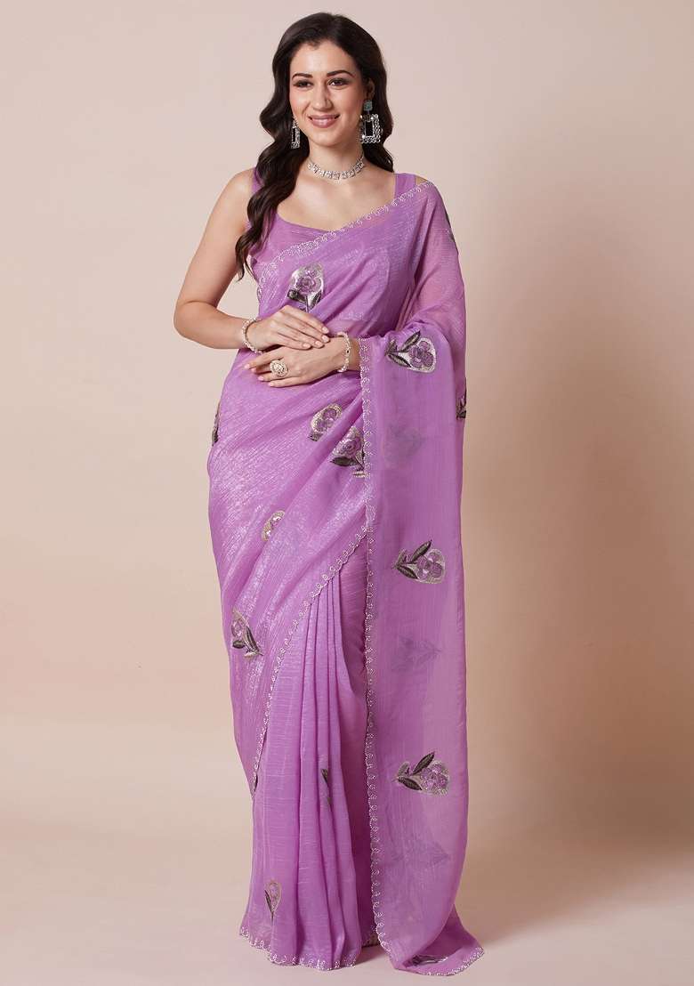 Lavender Printed Pure Georgette Saree Set - Indya