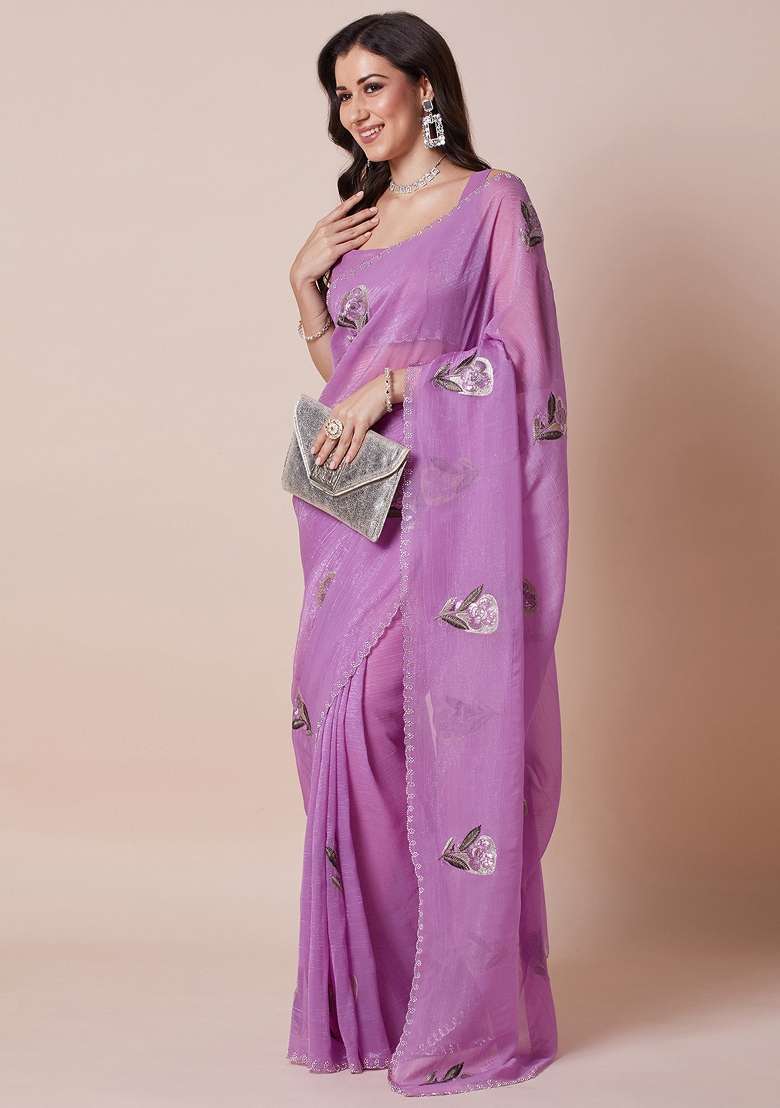 Lavender Printed Pure Georgette Saree Set - Indya