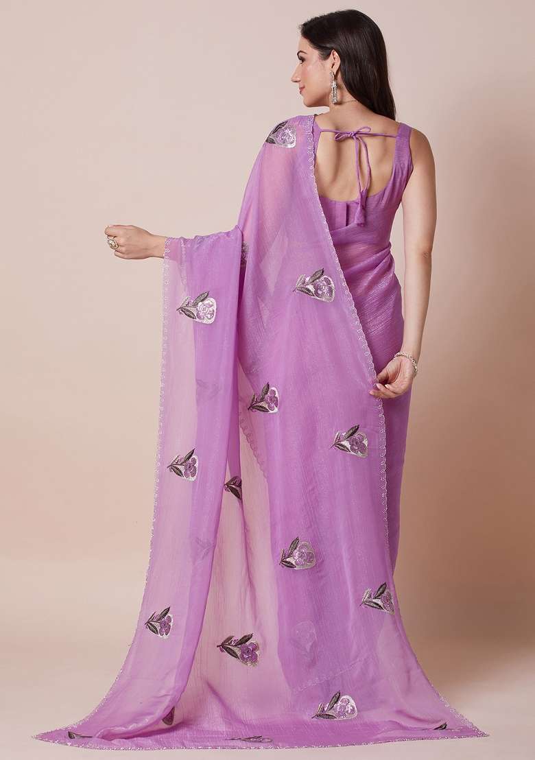 Lavender Printed Pure Georgette Saree Set - Indya