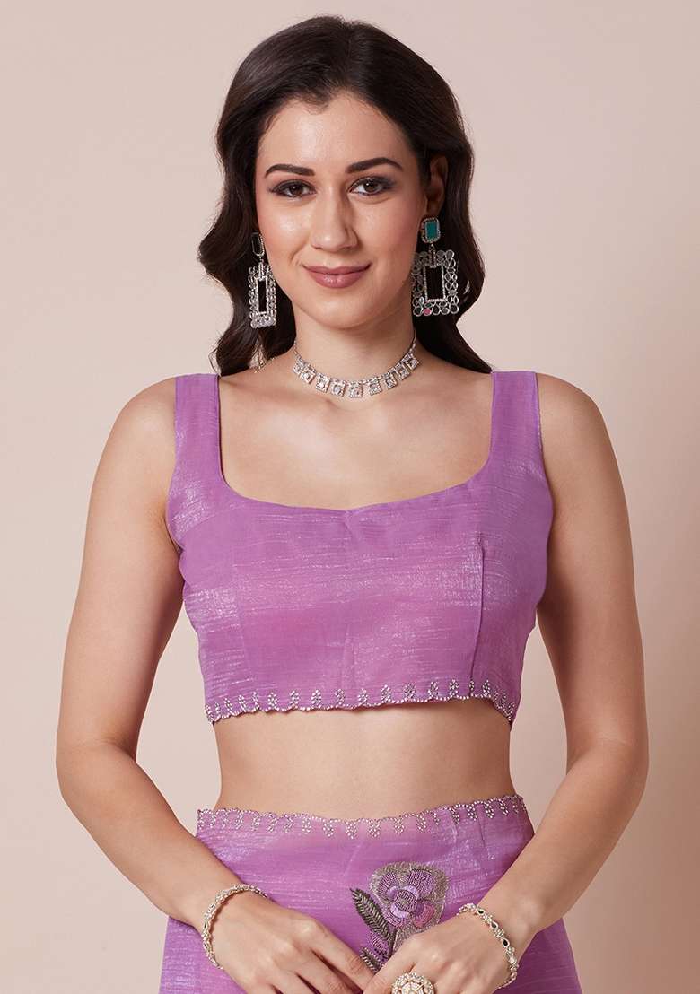 Lavender Printed Pure Georgette Saree Set - Indya